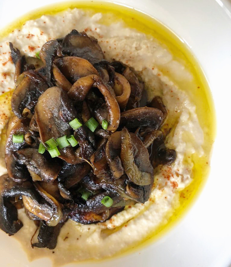 hummus, mushrooms, middle eastern food